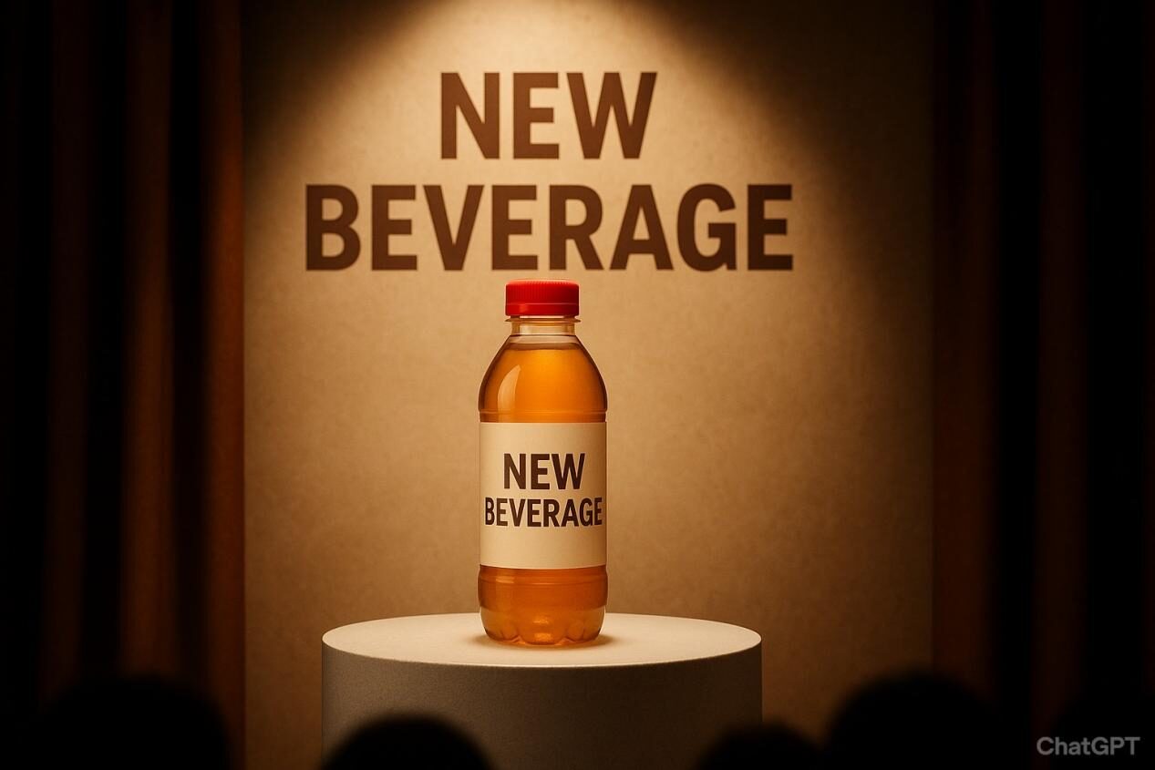 New beverage product displayed at launch event, representing market success.