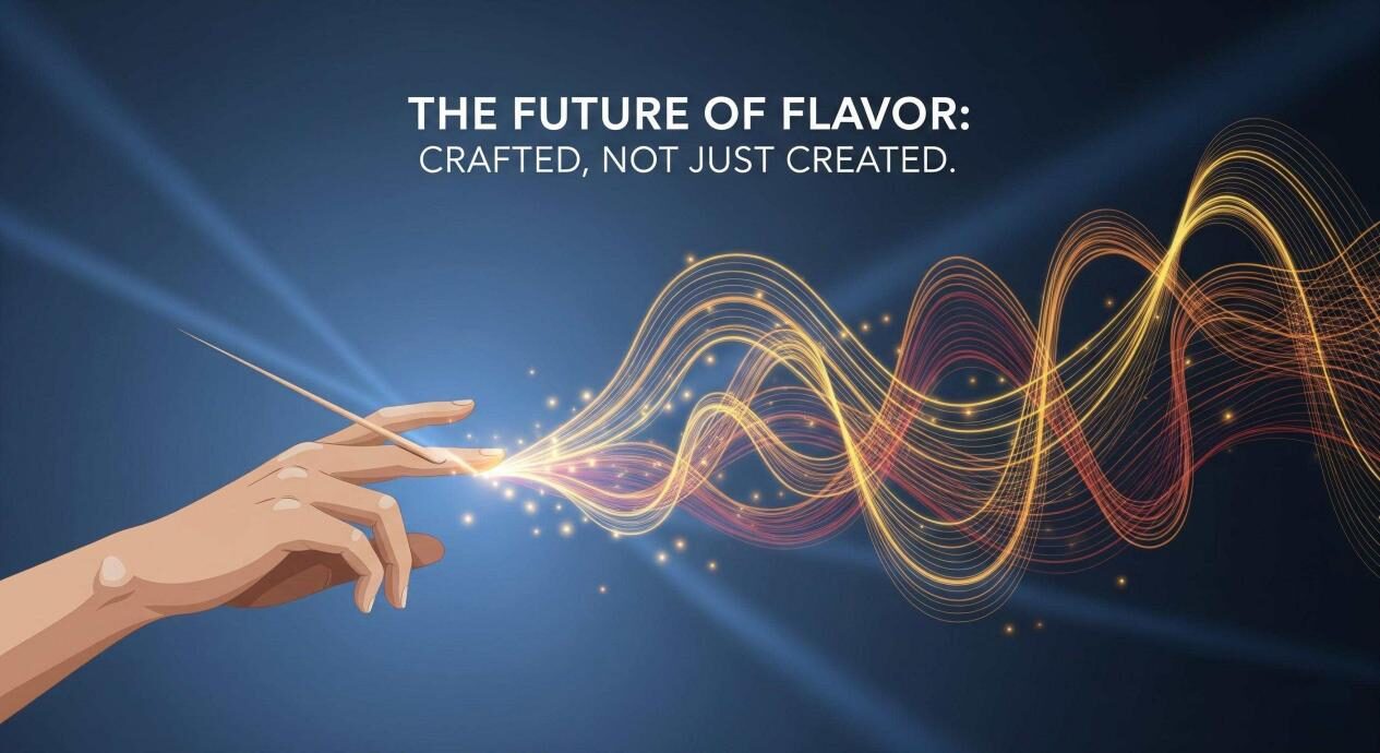 A conceptual illustration shows a stylized hand "drawing" a flavor profile in the air. The lines it draws are not static; they ripple and expand, showing a multi-dimensional, long-lasting sensory experience. The lines are made of glowing, subtle colors—yellows, browns, and reds. The overall feeling is one of innovation and limitless possibility. The title is "The Future of Flavor: Crafted, Not Just Created."