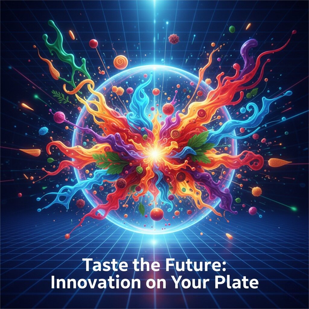 An abstract, high-energy illustration for a blog post titled "Taste the Future: Innovation on Your Plate." The background is a digital grid representing data and technology. In the foreground, a vibrant, glowing flavor droplet is shown "exploding" into a beautiful array of colors and abstract shapes that resemble the aromas and tastes of a gourmet meal. The visual is dynamic and optimistic, suggesting a future of unlimited flavor possibilities.