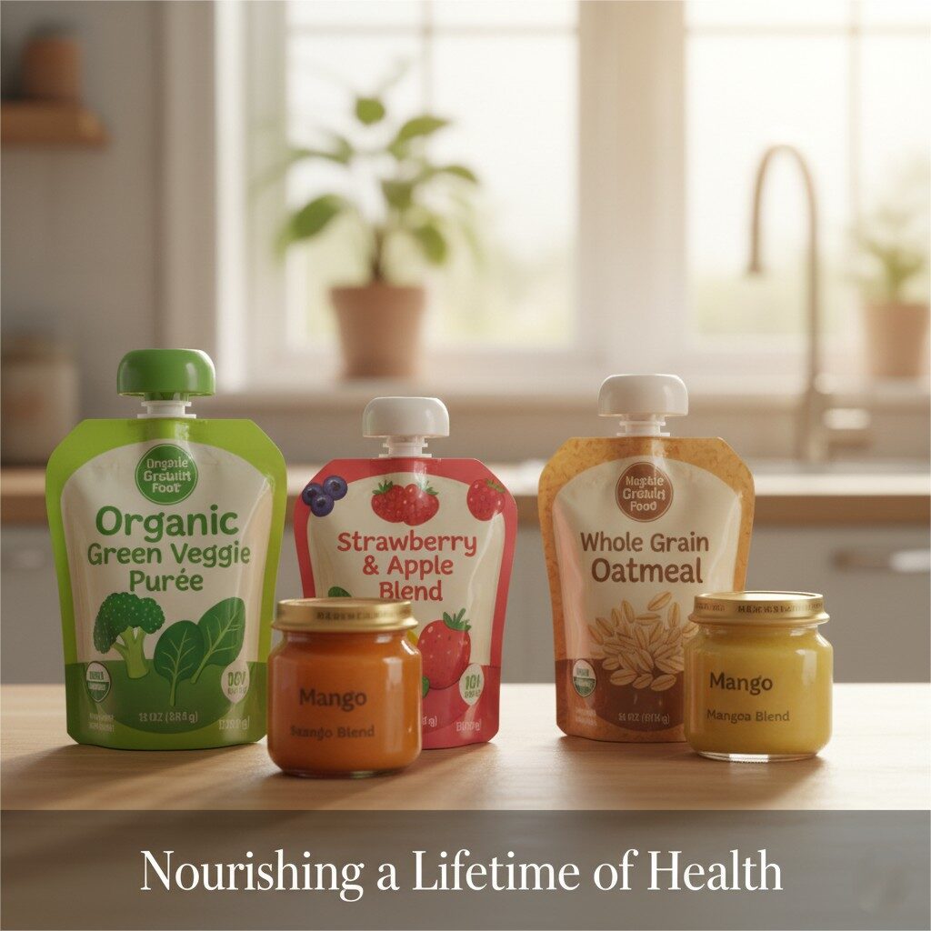 A gentle, high-quality image showing a series of different baby food pouches or jars, each with colorful labels and a variety of food types such as a green pureed vegetable, a red fruit blend, and a brown grain mix. The background is a soft, out-of-focus home environment, evoking a sense of trust and care. The overall image title is "Nourishing a Lifetime of Health."