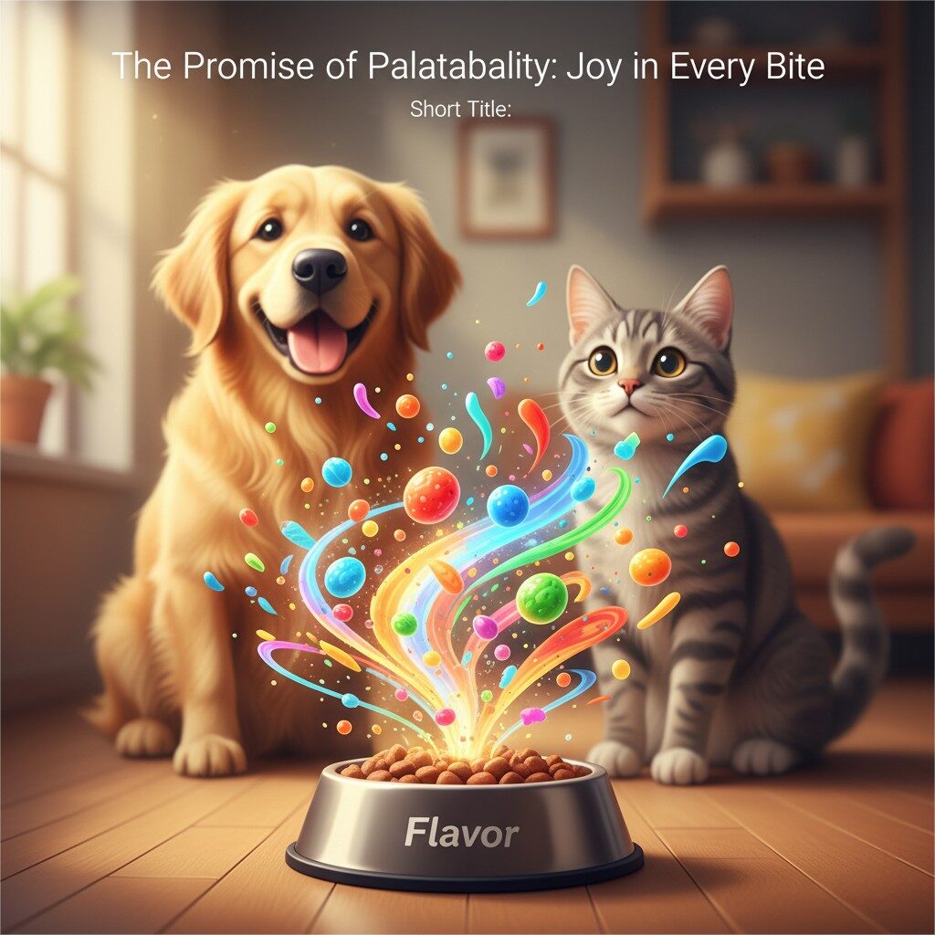 A vibrant, high-quality illustration titled "The Promise of Palatability: Joy in Every Bite." A pet food bowl is shown, from which a soft, glowing, and swirling aura of colorful flavor particles and abstract shapes is rising, representing a complex flavor profile. In the background, a happy, out-of-focus dog and cat look on with anticipation, suggesting the pleasure and satisfaction pets derive from palatable food.