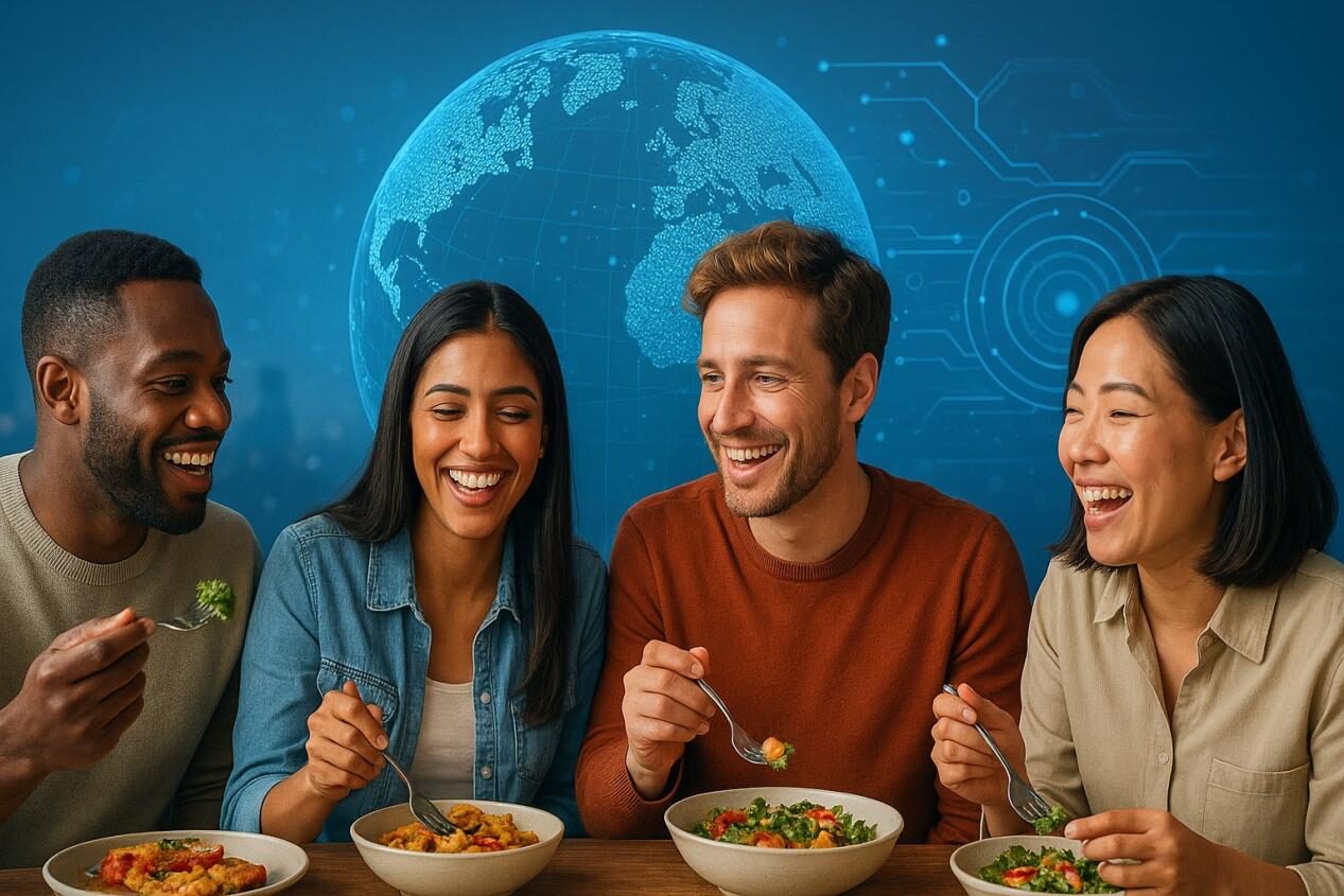 A forward-looking, realistic image symbolizing innovation and global connection in food, showing a diverse group of people enjoying modern cuisine in an optimistic, futuristic atmosphere.