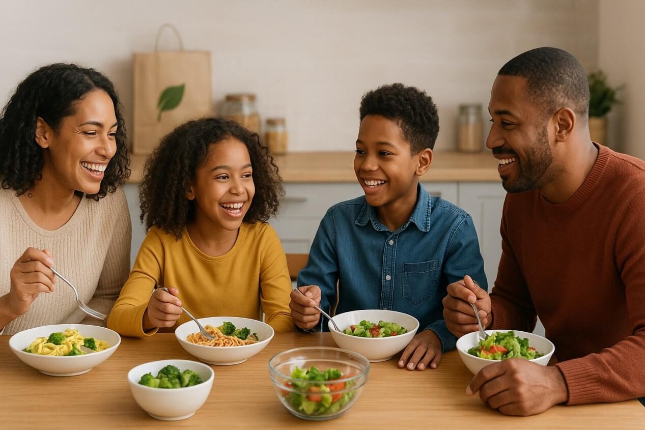 A diverse family smiling and enjoying a shared meal at the table, symbolizing food safety, inclusivity, and trust, with subtle visual hints of modern food production and clean-label products in the background.
