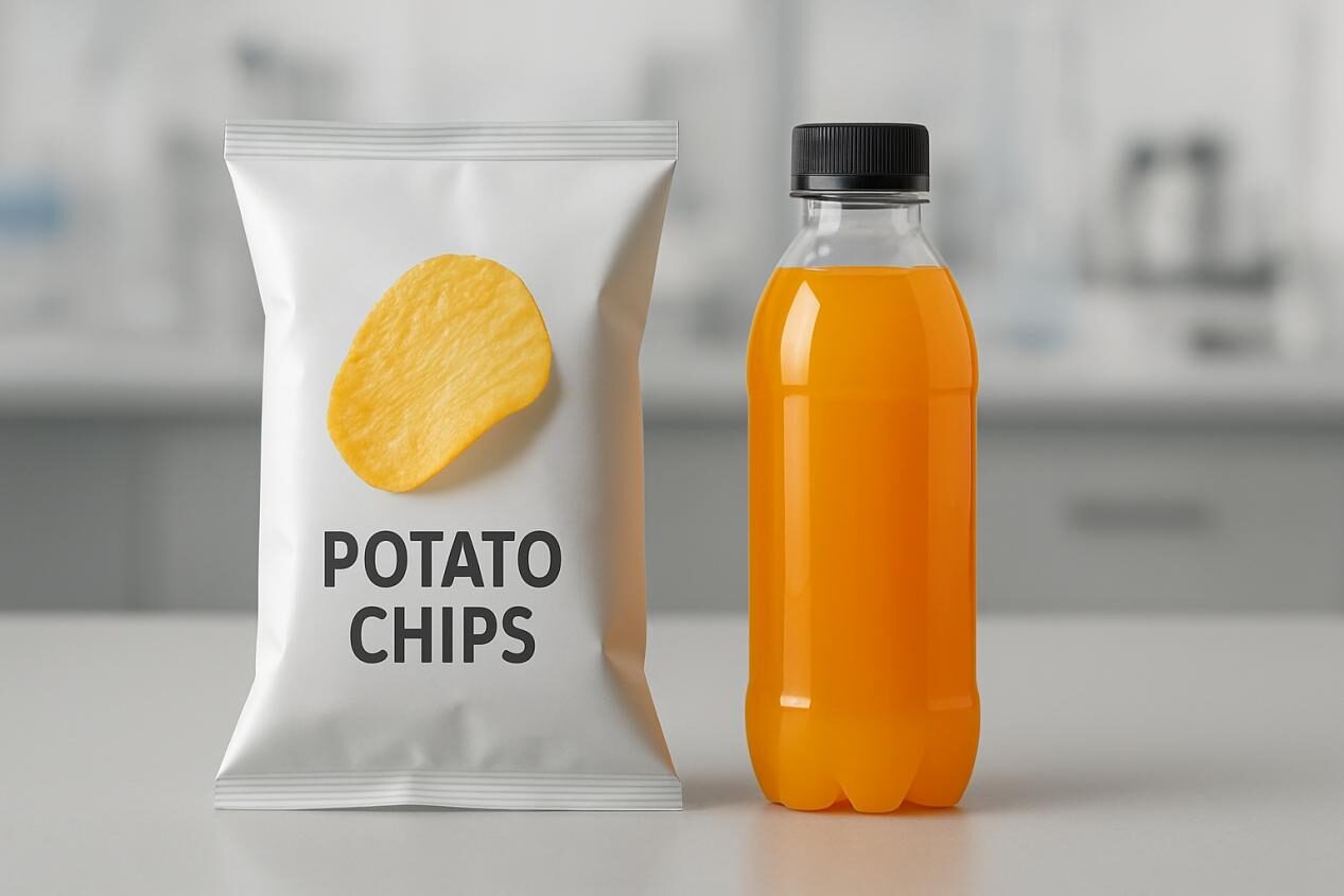 A crisp snack and a vibrant beverage in modern packaging, set against a subtle laboratory background, representing stability and quality in food.