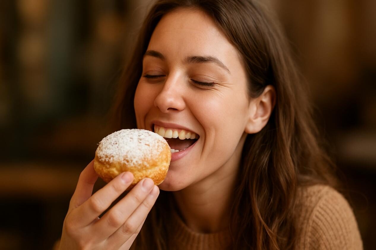 A young woman with a delighted expression takes a bite of a powdered sugar-dusted pastry, her eyes closed in satisfaction, with the blurred background emphasizing the irresistible appeal of the treat.