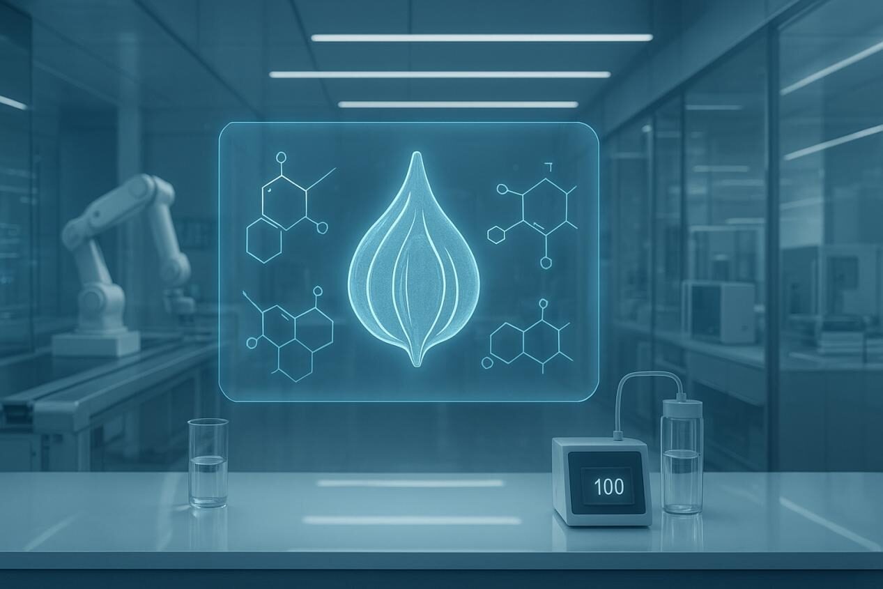A modern laboratory with sleek equipment and a glowing holographic taste bud surrounded by chemical structures, symbolizing innovation, efficiency, and advanced flavor science.