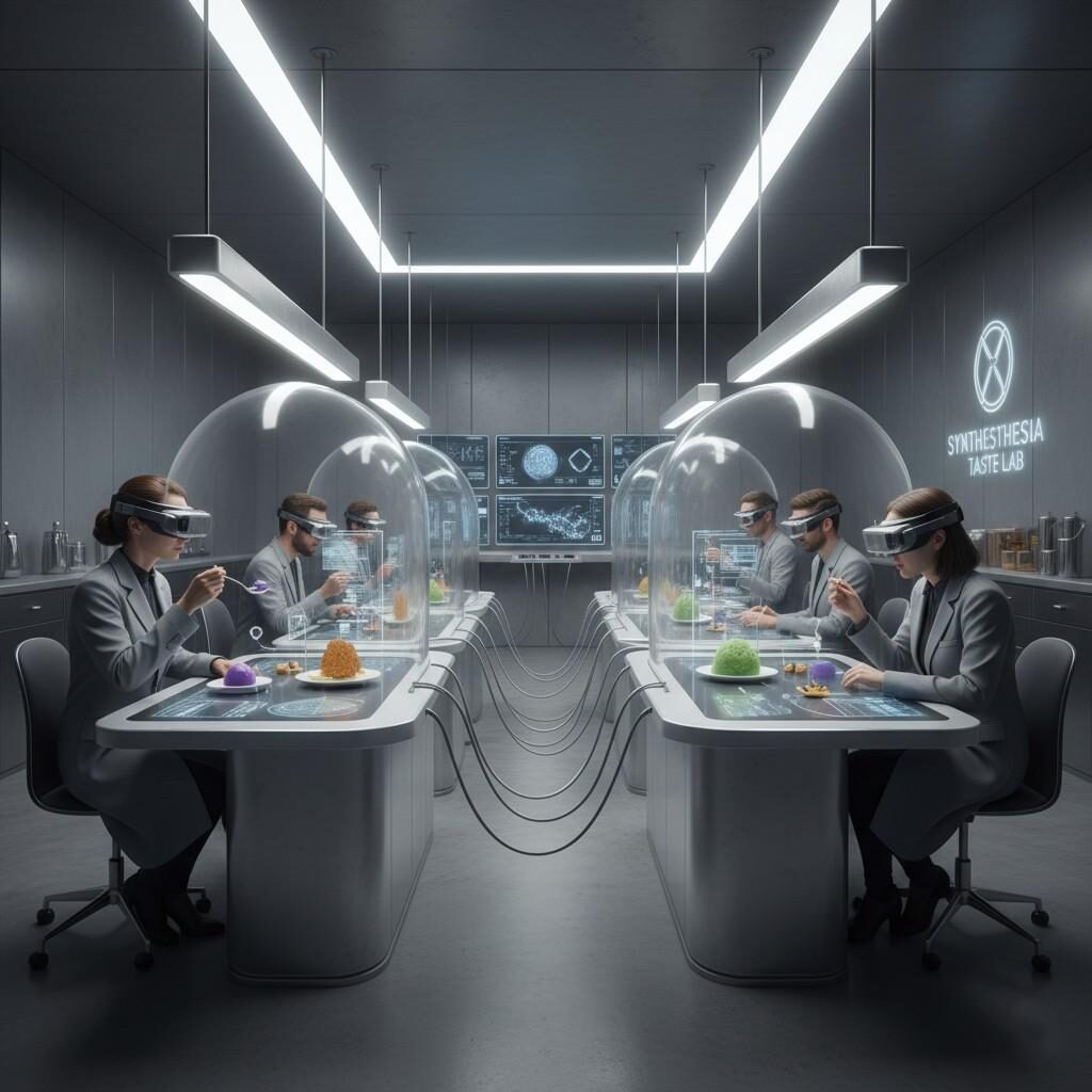 在未来派的“联觉味道实验室”中探索个人沉浸在多感官美食品尝体验中的概念图像。该图像捕捉了尖端食品研究环境中视觉、香气和风味的融合,突出了烹饪创新和食品科学的未来。