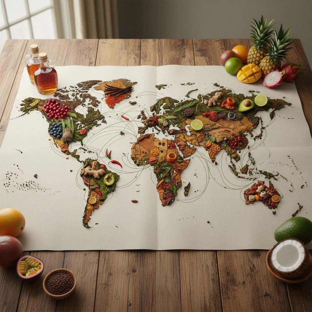 Explore un mapa mundial vibrante elaborado a partir de diversos ingredientes como vainilla, chiles, té verde y frutas tropicales, que representan visualmente el rico tapiz de conexiones alimentarias globales y sabores culinarios de todo el mundo.