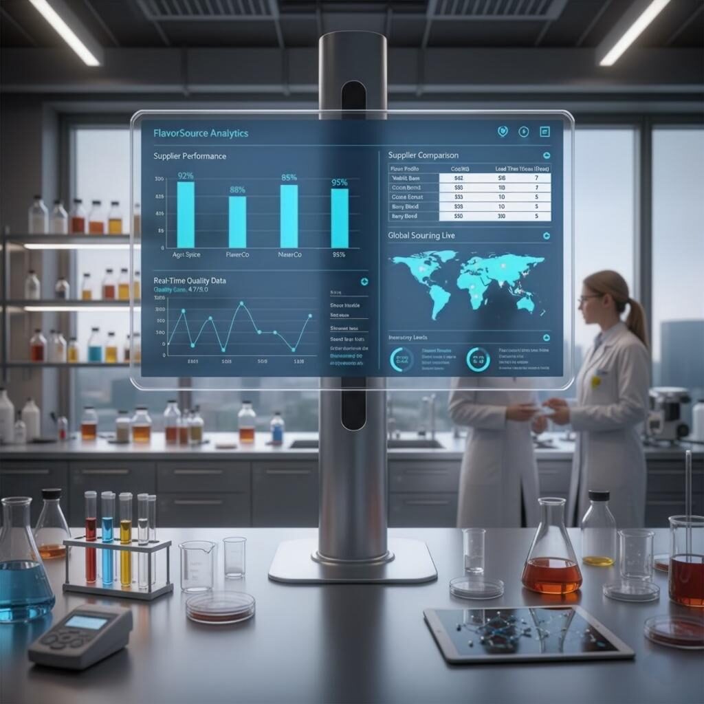通过这张描绘现代数字风味采购仪表板的图片来探索食品创新的未来。在繁忙的食品研发实验室的屏幕上可视化实时分析、全面的供应商比较和关键质量数据。非常适合涵盖食品技术、供应链优化和先进产品开发的博客。
