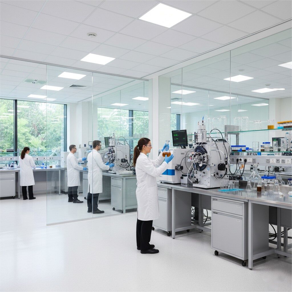 Explorez un laboratoire de recherche et développement d'arômes de pointe où les chimistes analysent méticuleusement les extraits naturels à l'aide d'instruments GC-MS avancés. Cette image capture la précision scientifique et l’esprit d’innovation derrière la création d’arômes modernes, parfaite pour mettre en valeur l’expertise en science alimentaire et en développement de produits.