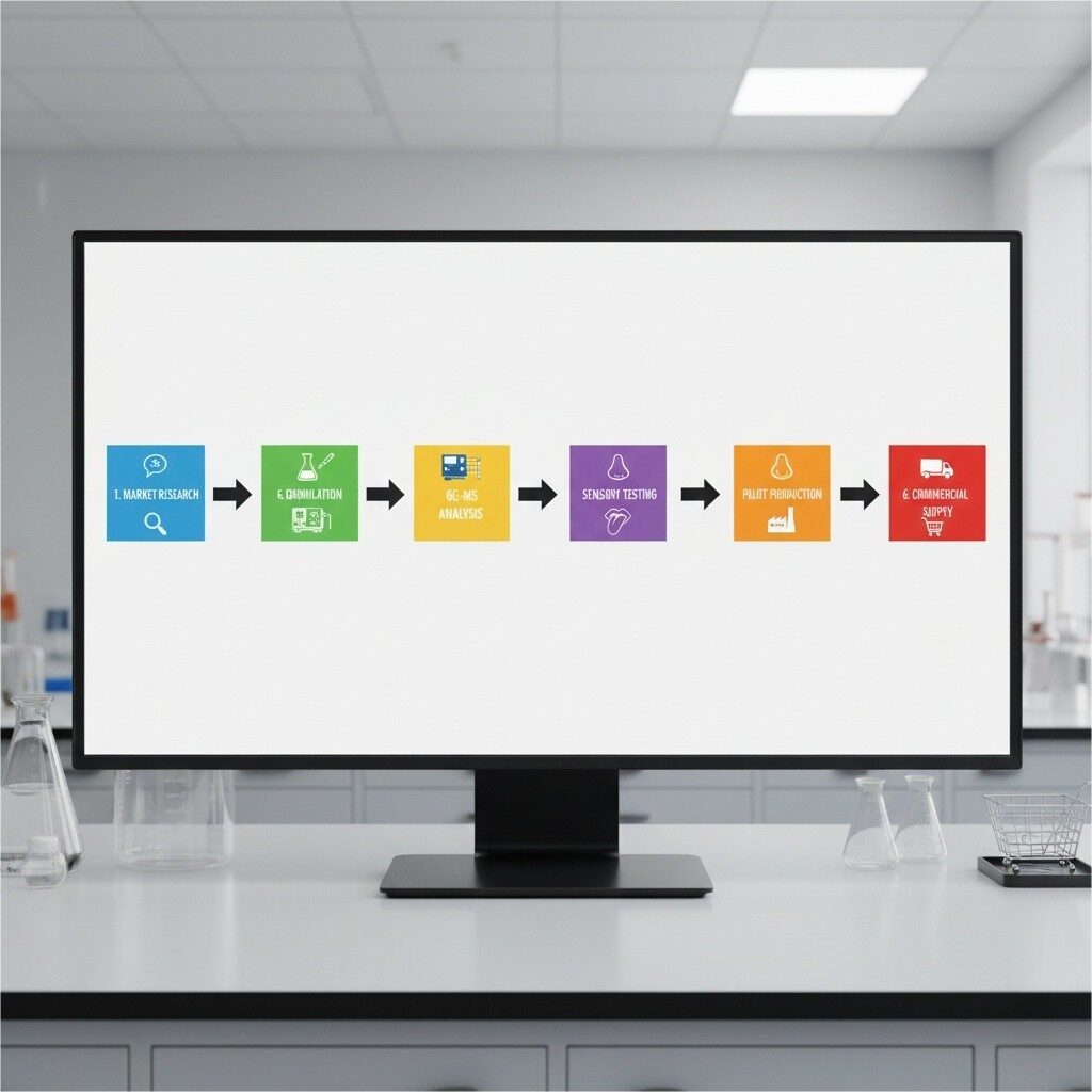Un organigramme clair et concis décrivant visuellement les six étapes clés du développement d'arômes, depuis l'étude de marché initiale et la formulation jusqu'à l'analyse GC-MS avancée, les tests sensoriels, la production pilote et l'approvisionnement commercial final. Idéal pour comprendre l’approche systématique de la mise sur le marché de nouvelles saveurs.