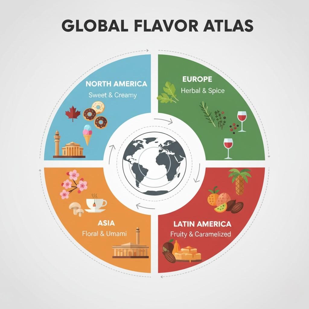 Descubra las preferencias culinarias regionales con este mapa del "Atlas global de sabores", que clasifica sabores como el dulce y cremoso de América del Norte, el herbáceo y especiado de Europa, el floral y umami de Asia y el afrutado y caramelizado de América Latina.