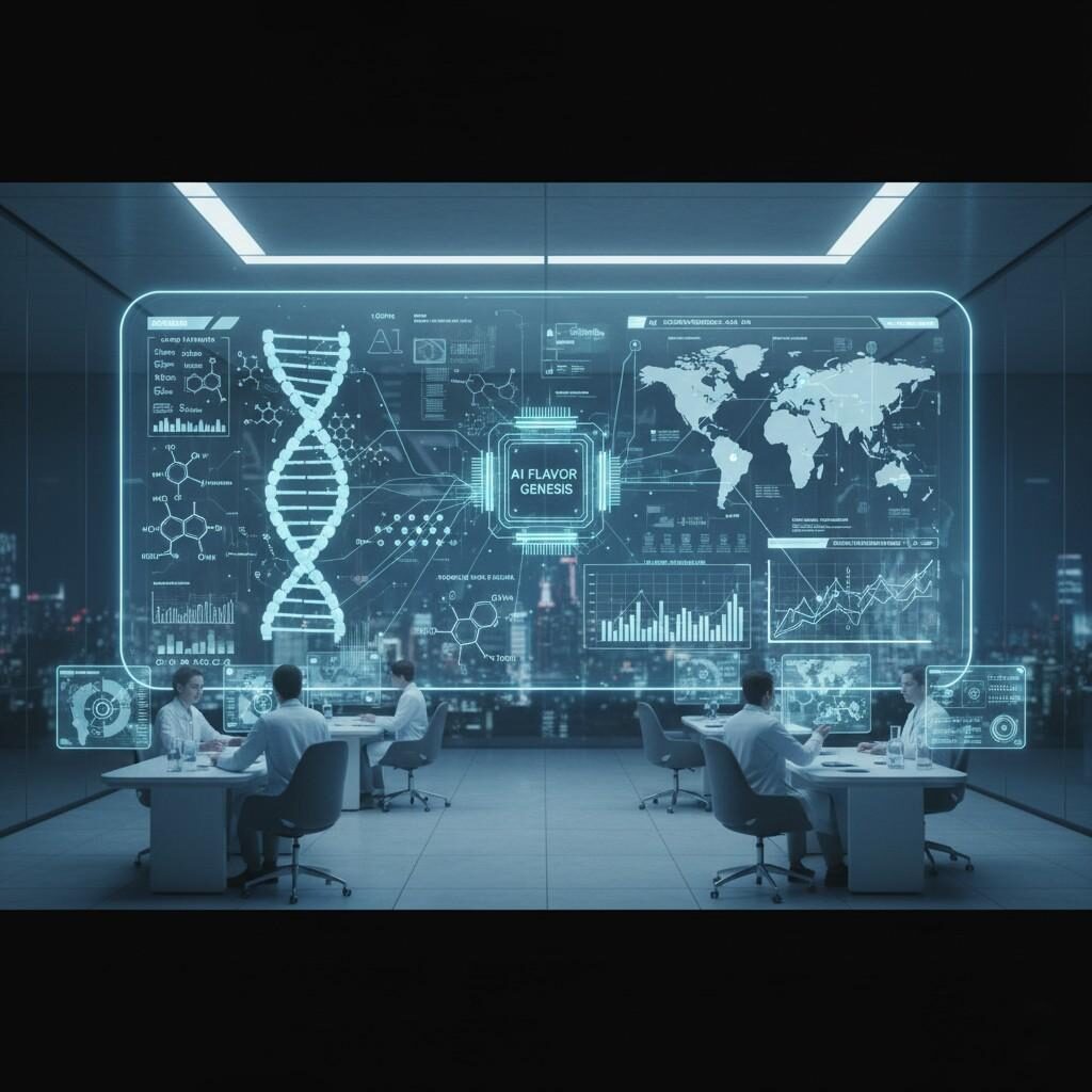 Una visualización futurista de la I+D de sabores digitales, donde una interfaz de IA analiza meticulosamente estructuras moleculares complejas y una gran cantidad de datos de consumidores de varios continentes, impulsando la innovación de sabores de próxima generación.