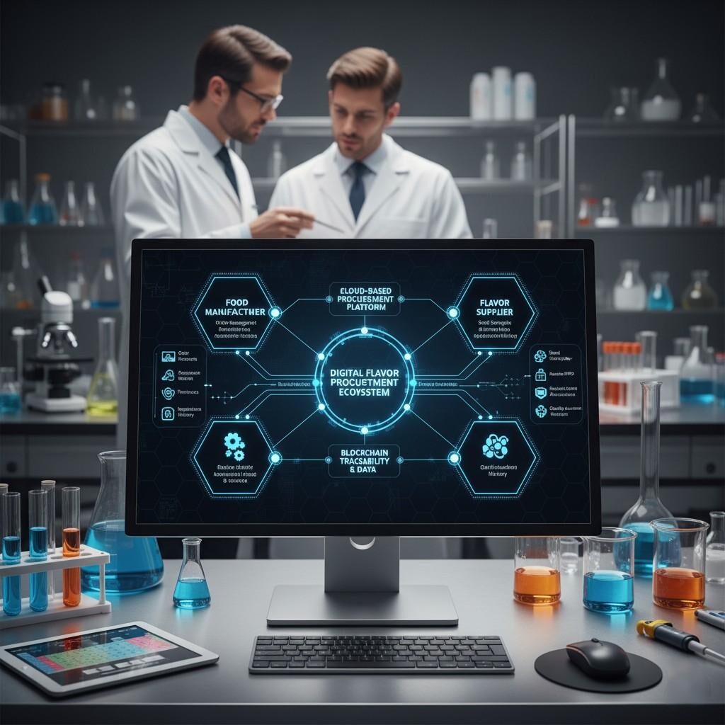 该详细流程图展示了数字风味采购生态系统,展示了食品制造商、风味供应商、区块链可追溯性和基于云的采购系统的互连性。专注于优化食品行业供应链、数字化原料采购以及利用先进技术提高效率和透明度的博客的基本视觉效果。