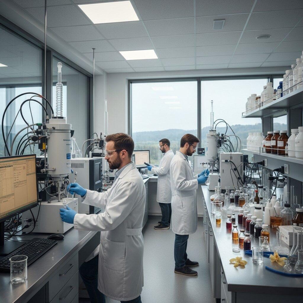 Explore a professional flavor laboratory where skilled chemists utilize advanced GC-MS instruments to analyze natural extracts and complex flavor compounds, driving innovation in the food and beverage industry.