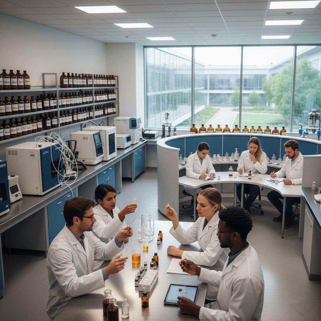  A high-resolution image capturing a dynamic R&D lab environment where flavorists, sensory panelists, and scientists are collaboratively developing a new beverage formula. The scene includes various analytical instruments, a wide array of flavor samples, and a team engaged in discussions and evaluations, highlighting the multi-faceted approach to flavor innovation.