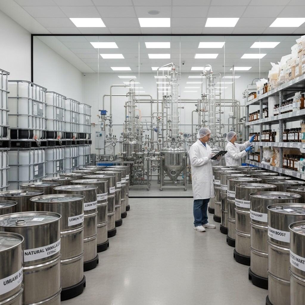 Explore a high-quality image showcasing the interior of a modern flavor and ingredient warehouse. The scene features stainless steel drums and IBCs with flavor labels, glass distillation equipment in the background, and two professionals in lab coats using inventory management software, highlighting the synergy between advanced processing and precise stock tracking in the food and beverage industry.