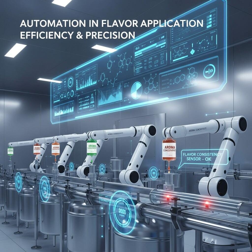 Discover the future of food and beverage manufacturing with this infographic showcasing an automated flavor production line. Robotic arms precisely dispense aroma concentrates, smart valves control flow, and sensors ensure flavor consistency, highlighting the efficiency and precision brought by automation in flavor application.