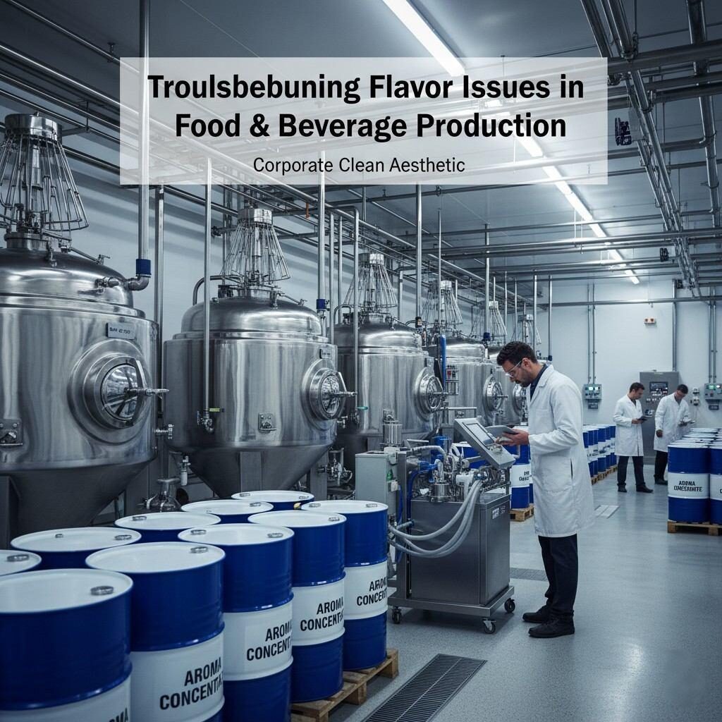 Discover expert strategies for troubleshooting common flavor issues in food and beverage production. This image captures a state-of-the-art flavor house production floor, showcasing mixing tanks, aroma concentrate drums, and a technician managing a flavor dosing pump, all reflecting a corporate clean aesthetic.