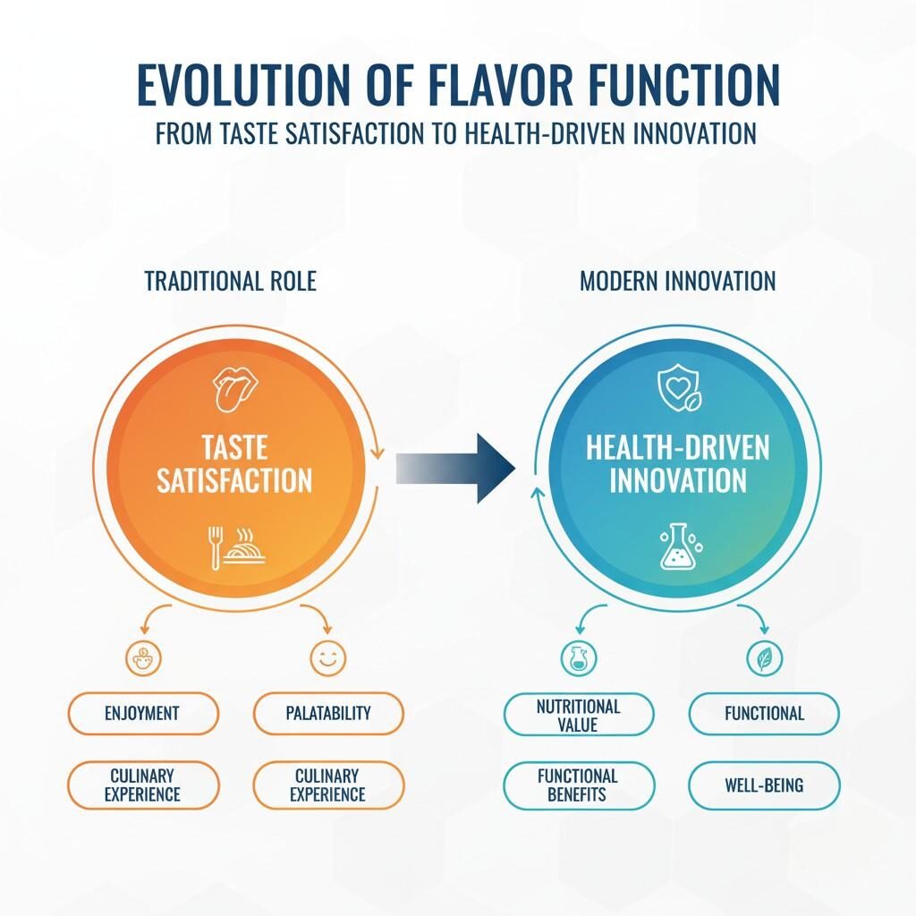 A diagram illustrating the evolution of flavor function, transitioning from the traditional role of taste satisfaction and culinary experience to modern health-driven innovation focusing on nutritional value, functional benefits, and overall well-being.
