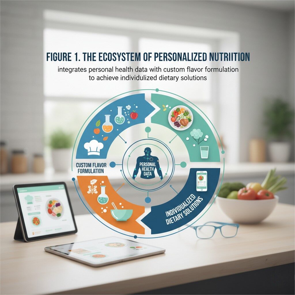 Explore the personalized nutrition ecosystem, a visual representation of how individual health data and custom flavor formulation combine to create unique and effective dietary solutions for optimal wellness.