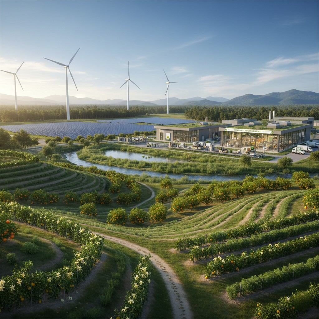 Explore a panoramic view of a sustainable flavor sourcing ecosystem, showcasing integrated natural raw material farms (vanilla, citrus, herbs), renewable energy facilities, as well as modern, eco-friendly food production lines for responsible and ethical ingredient manufacturing.