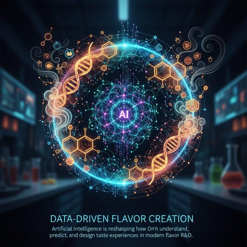  Explore how Artificial Intelligence is revolutionizing flavor research and development. This image visualizes AI neural networks intertwined with food molecules and aroma clouds, representing data-driven approaches to understanding, predicting, and designing taste experiences. Discover the future of flavor with AI.