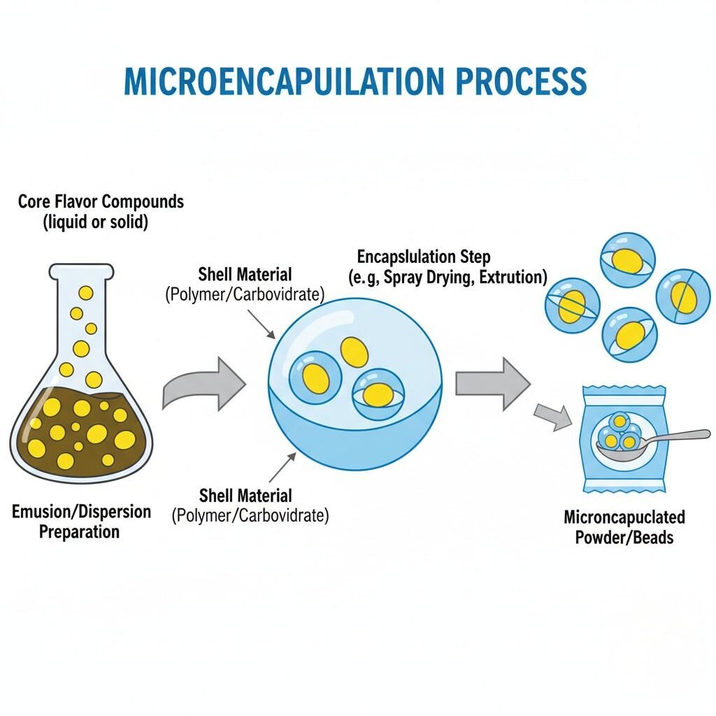 A detailed schematic diagram illustrating the microencapsulation process, showing core flavor compounds surrounded by a polymeric or carbohydrate-based shell, from emulsion preparation to microencapsulated powder.