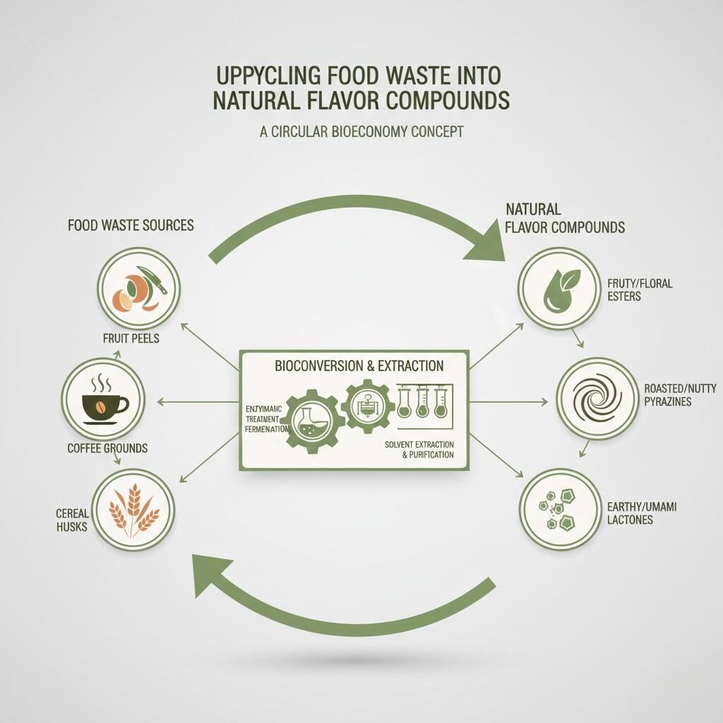 Explore a conceptual infographic illustrating the innovative process of upcycling food waste sources like fruit peels, coffee grounds, and cereal husks into valuable natural flavor compounds through bioconversion and extraction, highlighting a circular bioeconomy approach to sustainable ingredient production.