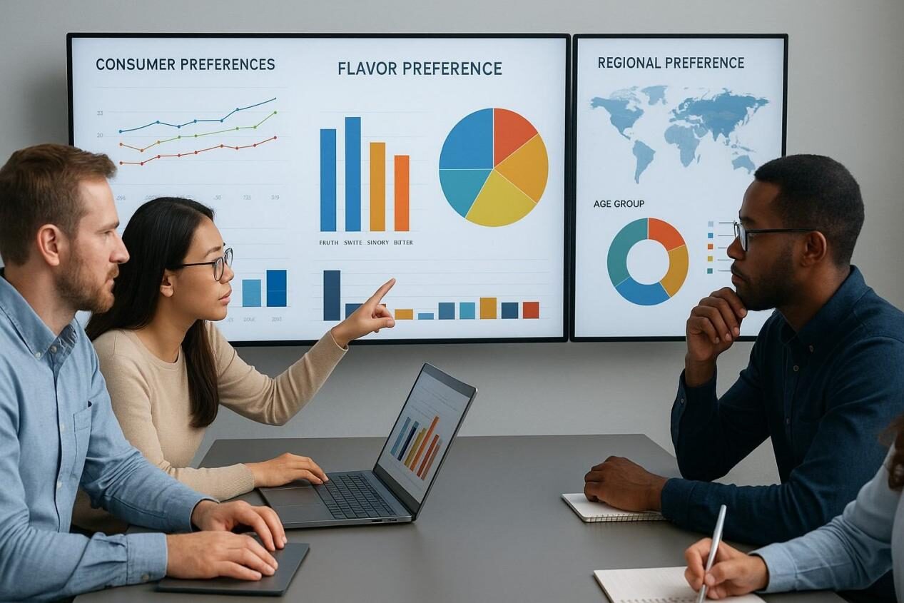 A realistic photo of a research team analyzing consumer flavor preference data using digital dashboards. Perfect for blogs about data-driven marketing, consumer insights, and analytics teamwork.