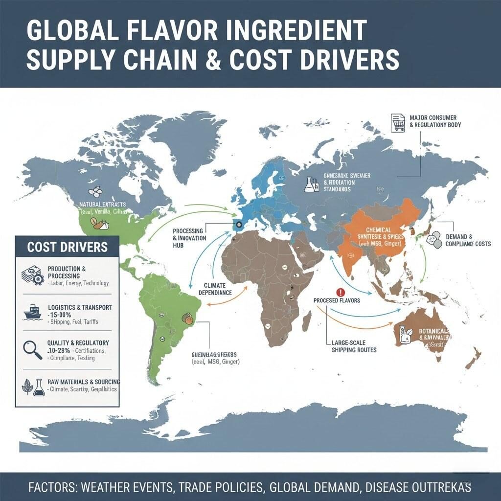 A global supply chain map illustrating key regions for flavor ingredient production and processing, highlighting major cost drivers such as raw material sourcing, logistics, quality control, and regulatory compliance, and showing areas of natural extracts, chemical synthesis, and processing hubs.