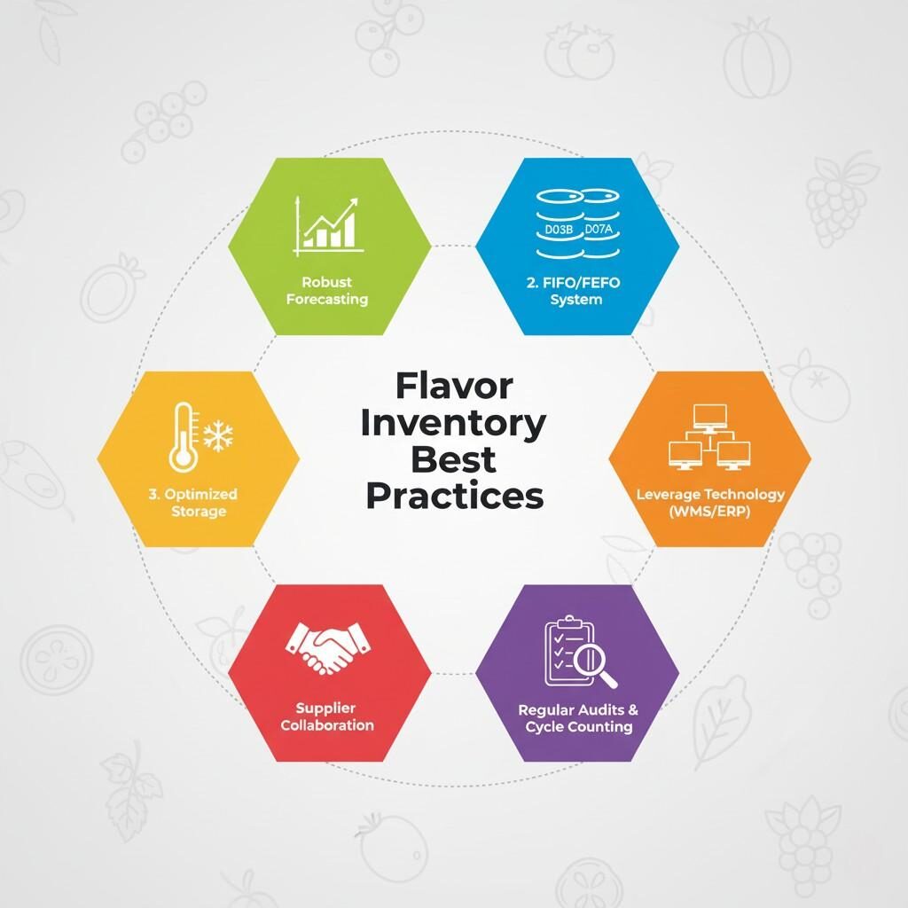 flavor inventory, best practices, infographic, inventory management, robust forecasting, FIFO, FEFO, optimized storage, WMS, ERP, supplier collaboration, regular audits, cycle counting, food manufacturing, supply chain optimization, flavor industry, food safety, inventory control, warehouse management, operational efficiency
