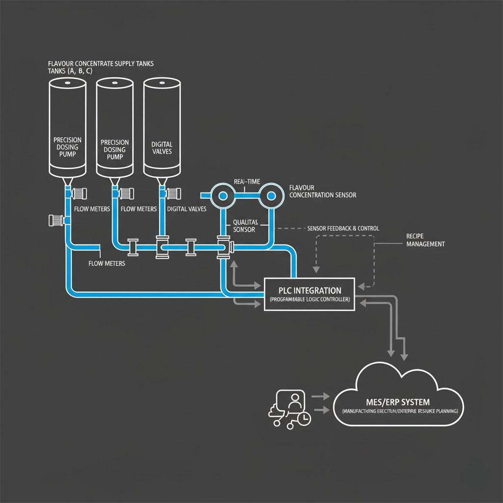 Explore a detailed engineering schematic illustrating an automated flavor dosing system. This diagram highlights key components like concentrate supply tanks, precision pumps, flow meters, digital valves, PLC integration for control, sensor feedback loops for flavor concentration, and connectivity to MES/ERP systems for comprehensive management and data flows.