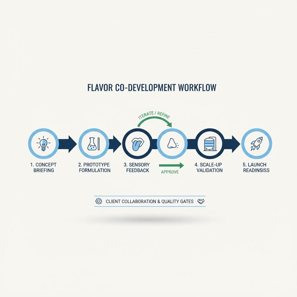 A clear flowchart illustrating the flavor co-development workflow, detailing each crucial step from initial concept briefing and prototype formulation, through iterative sensory feedback and refinement, to scale-up validation and final launch readiness. This diagram emphasizes client collaboration and critical quality gates throughout the process.