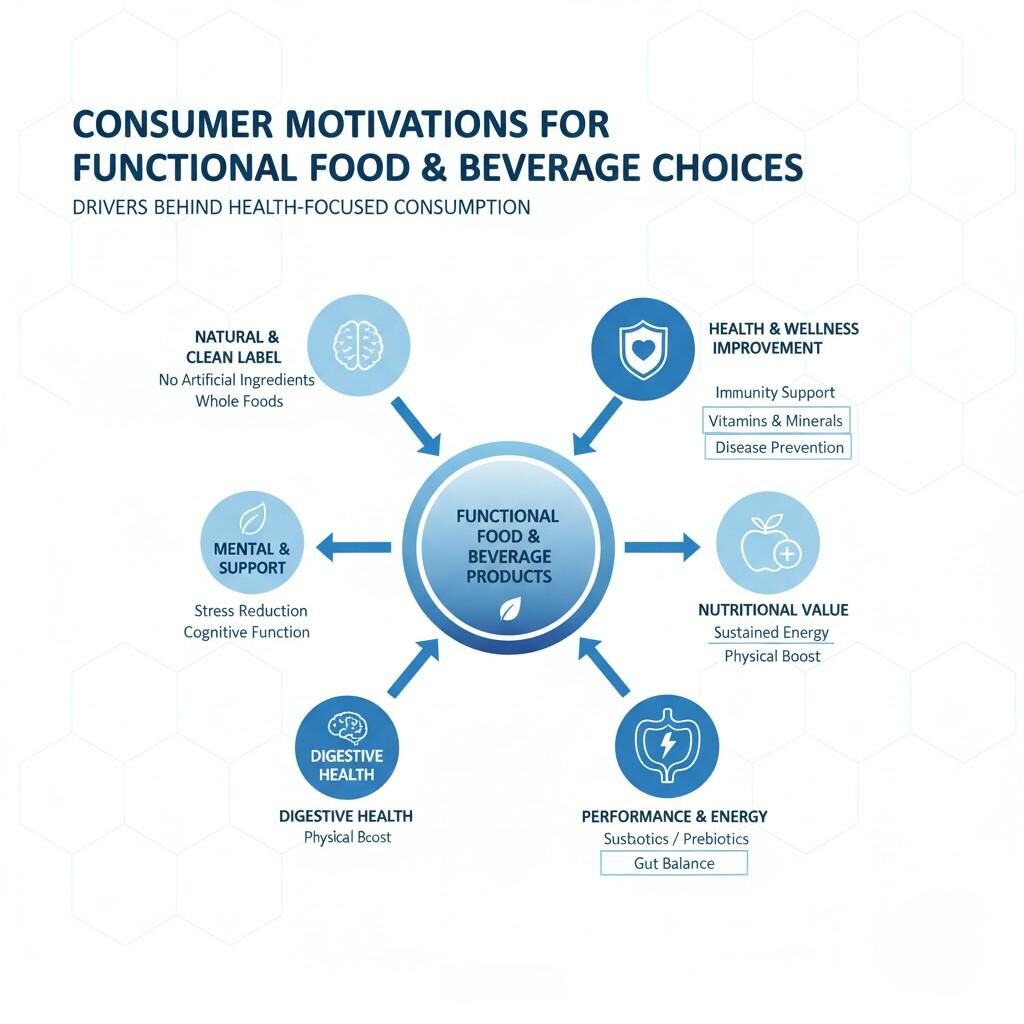  A diagram outlining key consumer motivations for choosing functional food and beverage products, including health and wellness improvement, natural & clean labels, mental support, digestive health, performance & energy, and overall nutritional value.