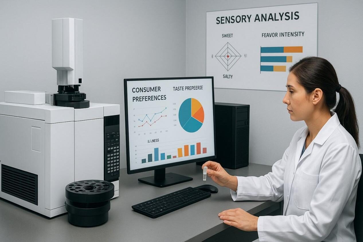Realistic photo of a sensory analysis lab integrating GC–MS chemical profiling with consumer feedback dashboards. Ideal for blogs about food science, sensory evaluation, and data-driven flavor innovation.Flavor design has become increasingly data-driven. Modern flavor houses leverage several key tools: