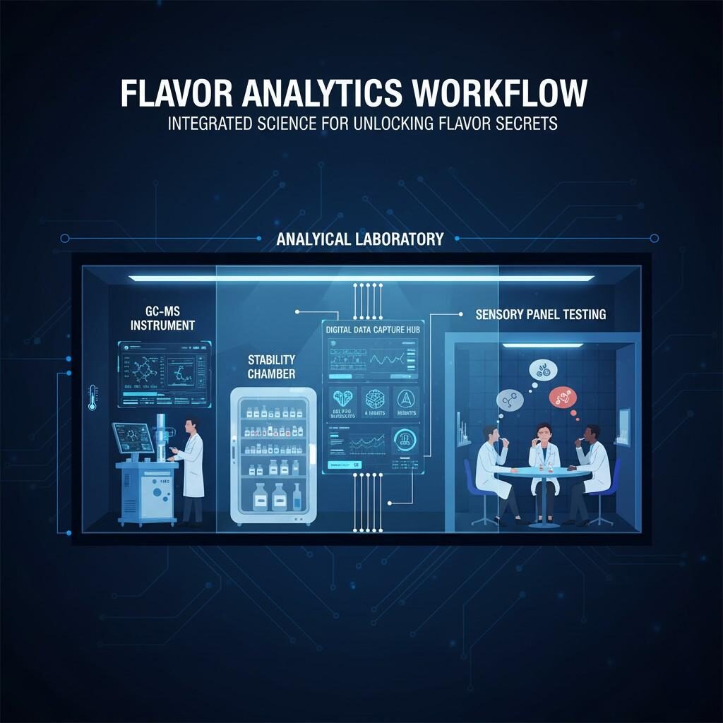 A cross-section graphic illustrating an integrated flavor analytics workflow within an analytical laboratory. It features key components such as a GC-MS instrument for chemical analysis, a stability chamber for assessing product shelf-life, a sensory panel conducting evaluations, and a central digital data capture hub for collecting and analyzing all insights. This visual highlights the scientific approach to unlocking flavor secrets.