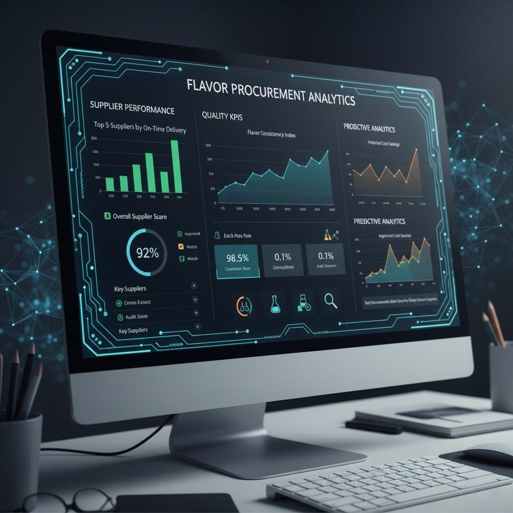 A sophisticated digital dashboard visualization designed for flavor procurement, featuring key supplier performance metrics like on-time delivery and overall scores, critical quality KPIs such as flavor consistency and batch pass rates, and predictive analytics charts for cost savings and ingredient insights. This tool enhances data-driven decision-making in the food industry.