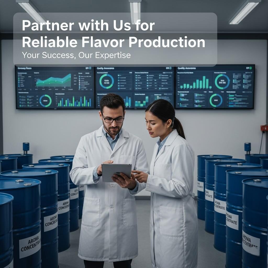 Partner with our dedicated flavor house technical service team for consistent and reliable flavor production. This styled photo shows flavor experts reviewing critical batch data on a tablet, surrounded by aroma concentrate drums and digital dashboards displaying key flavor KPIs, emphasizing our commitment to quality and partnership.