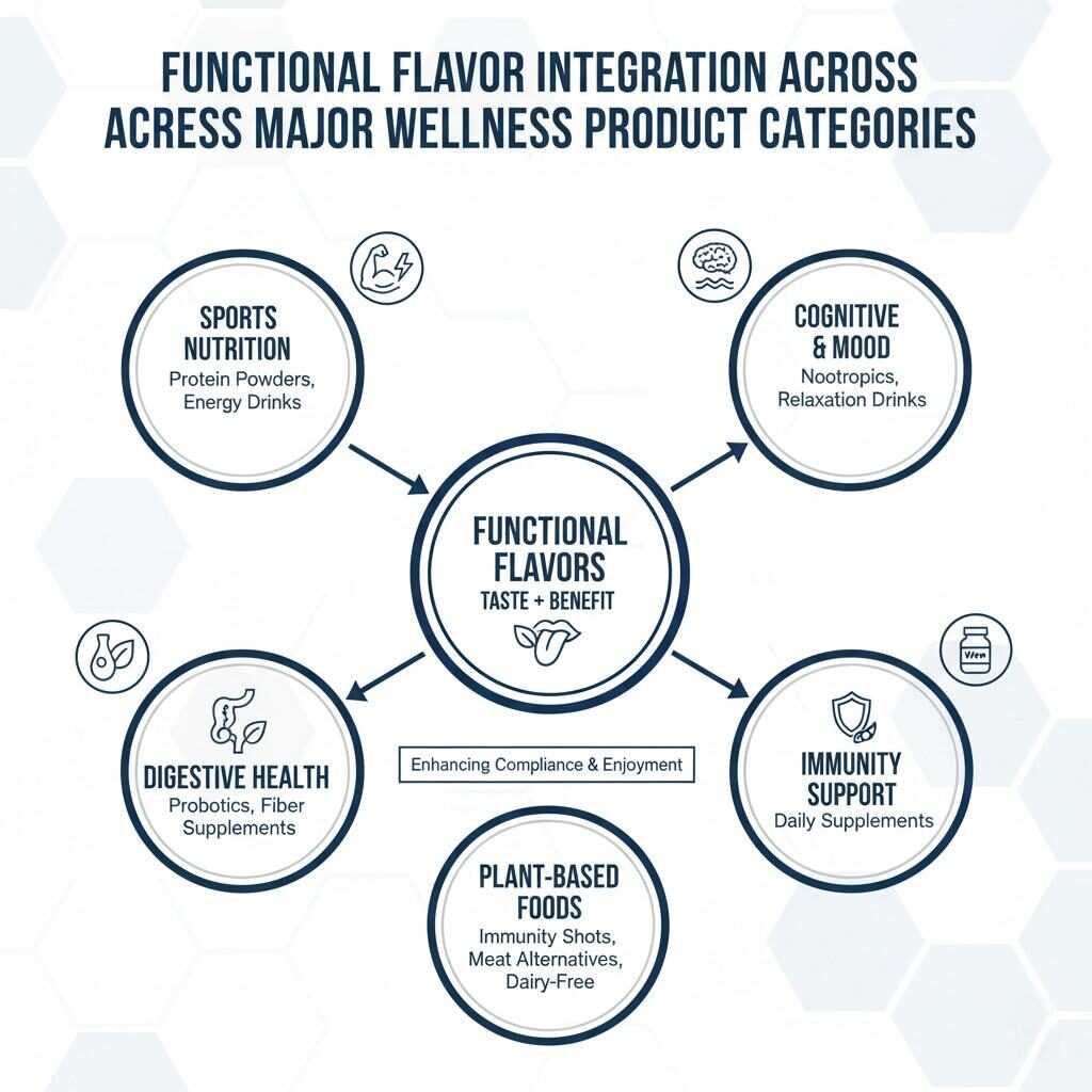 A diagram illustrating the integration of functional flavors across major wellness product categories, including sports nutrition, cognitive & mood, digestive health, plant-based foods, and immunity support, highlighting how taste enhances compliance and enjoyment of beneficial ingredients.