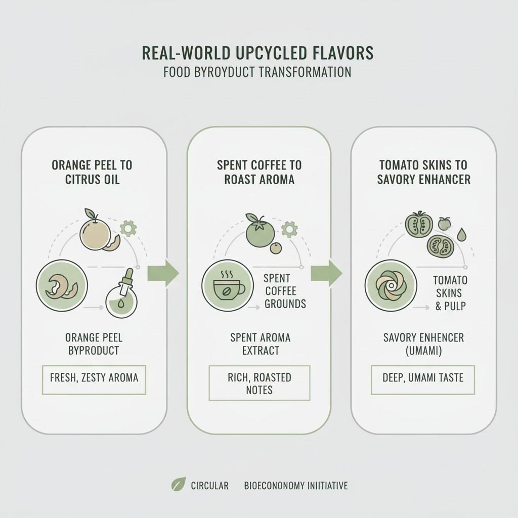 Visualize real-world examples of upcycled flavor production, demonstrating how orange peels are transformed into citrus oil, spent coffee grounds into roast aroma extract, and tomato skins into savory enhancers, showcasing practical applications of sustainable food byproduct utilization.
