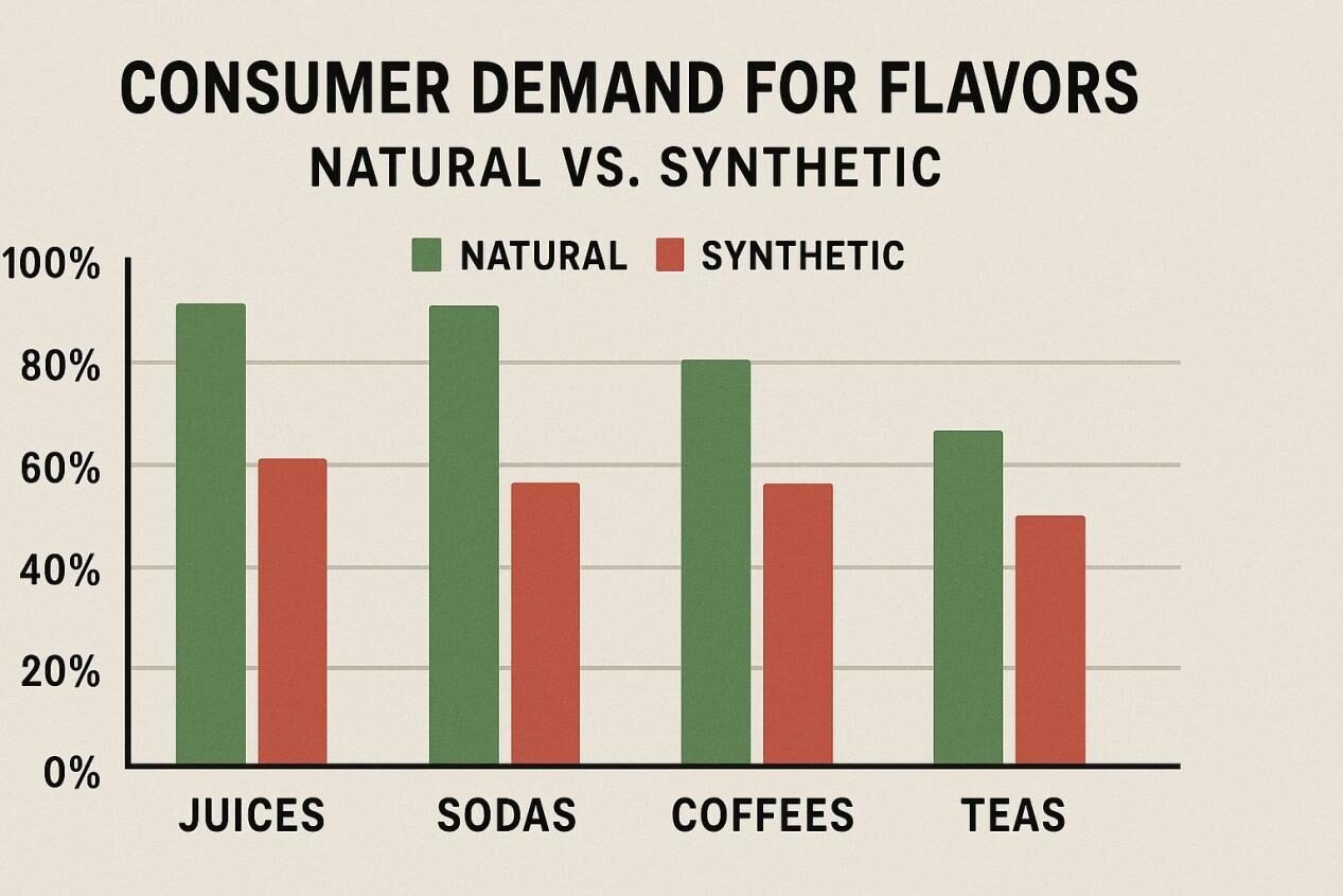 A realistic infographic comparing consumer demand for natural versus synthetic flavors across beverage categories, including juices, sodas, coffees, and teas. Ideal for blogs on market trends, flavor innovation, and consumer insights.