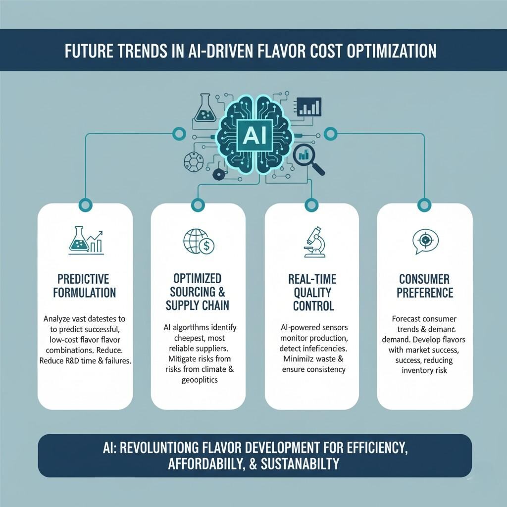 An infographic illustrating future trends in AI-driven flavor cost optimization, detailing how AI can enhance predictive formulation, optimize sourcing and supply chains, enable real-time quality control, and better forecast consumer preferences to improve efficiency, affordability, and sustainability in flavor development.
