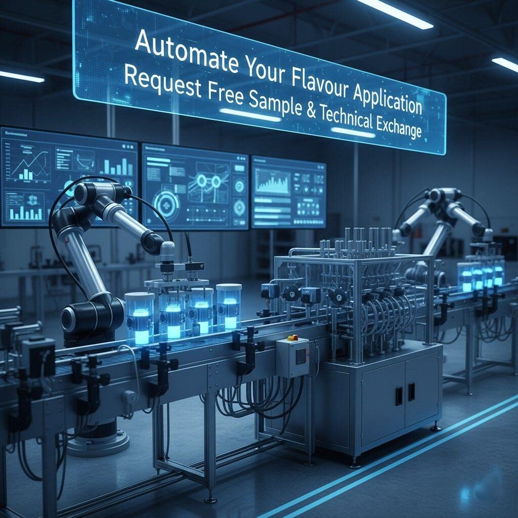 A compelling visual of a high-tech flavor manufacturing line featuring automated dosing modules, robotic arms handling flavor containers, and integrated data dashboards. The image, set in a clean plant environment, promotes "Automate Your Flavour Application" and invites users to "Request Free Sample & Technical Exchange," emphasizing efficiency and precision in food and beverage production.