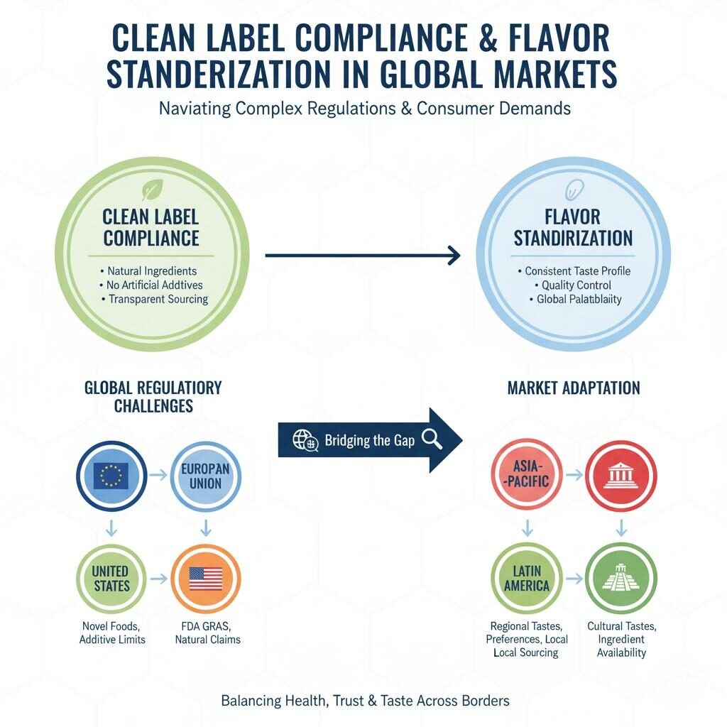 A comprehensive diagram detailing the challenges and strategies for achieving clean label compliance and flavor standardization in global markets, addressing regulatory hurdles (EU, US) and market adaptations based on regional and cultural taste preferences, ingredient availability, and local sourcing.