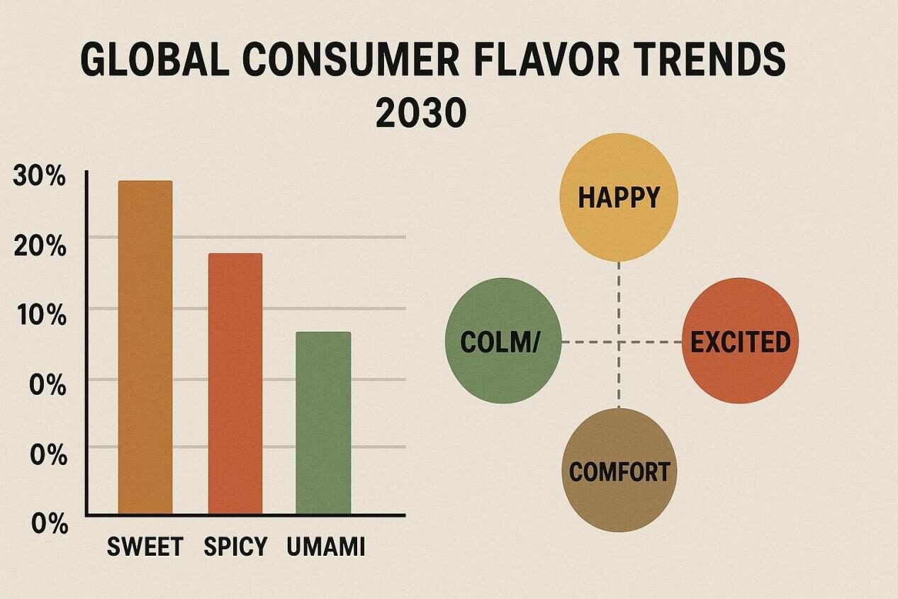 Realistic infographic visualizing global consumer flavor trends and emotion mapping for 2030. Displays flavor preference data alongside emotional associations such as happiness, comfort, and excitement — ideal for blogs on future food trends and sensory innovation.