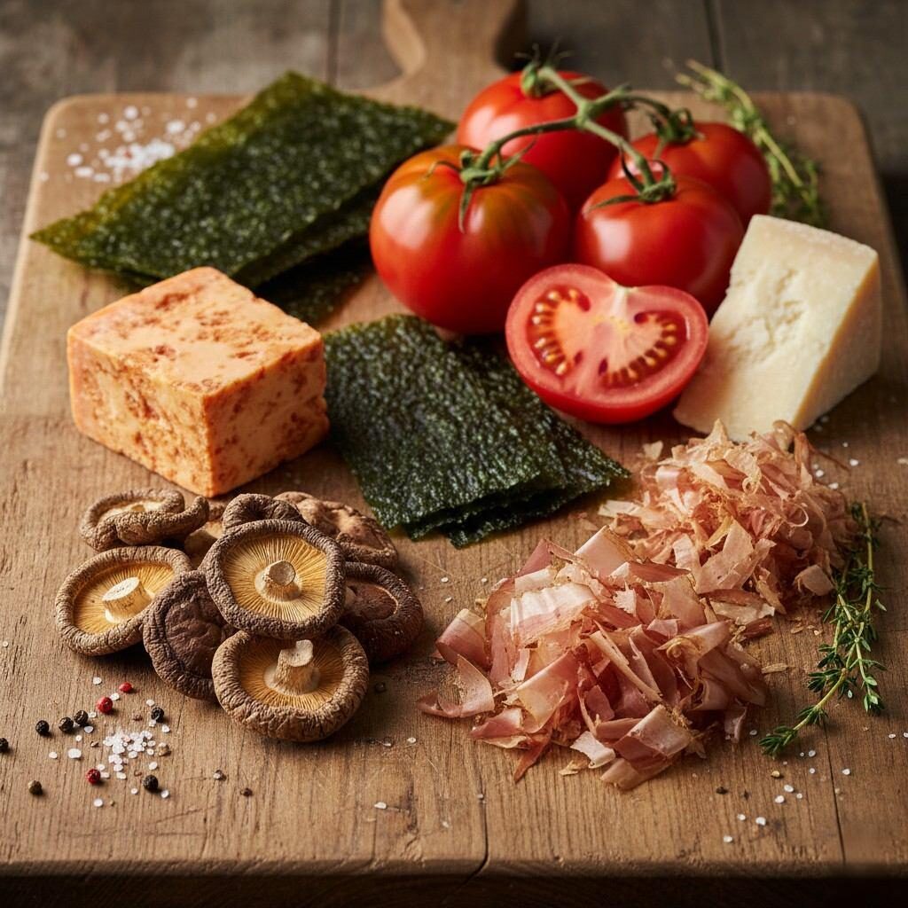 Découvrez le monde riche et savoureux de l'umami avec cette photo en gros plan de haute qualité présentant un assortiment d'ingrédients naturels riches en umami, notamment des champignons terreux, du kombu salé, de délicats flocons de bonite, des tomates juteuses et du fromage affiné fort, le tout magnifiquement disposé sur une planche de bois rustique. Parfait pour l’inspiration culinaire et les amateurs de gastronomie.