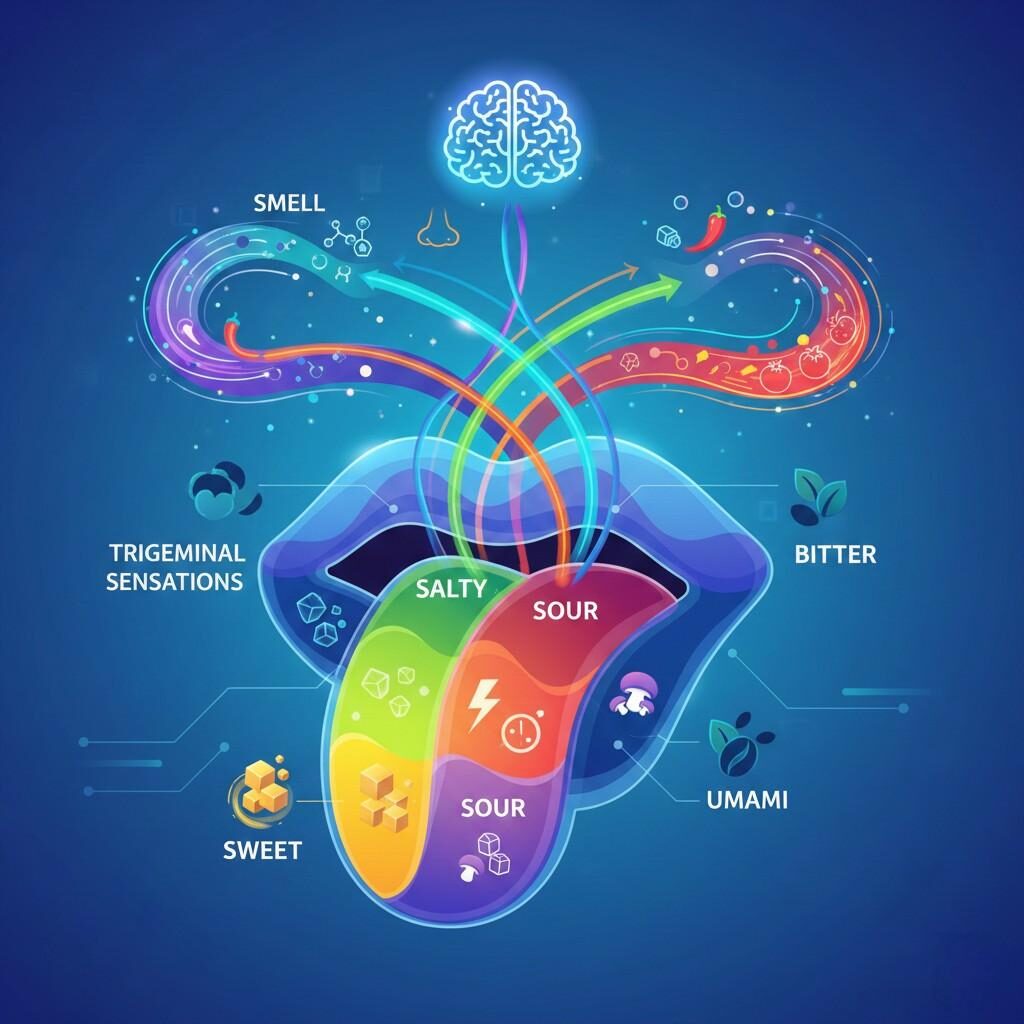 探索充满活力和抽象的信息图,详细描述了风格化舌头上的五种基本味道(甜、酸、咸、苦、鲜),并发现气味和三叉神经感觉如何交织在一起,以创造我们对味道的全面感知。这种视觉上引人入胜的设计使用明亮的色彩和现代元素来说明味觉和感官输入大脑的复杂旅程。