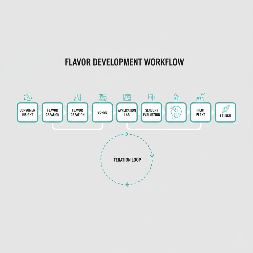 Un mapa de proceso detallado que describe el flujo de trabajo de desarrollo de sabores, desde la percepción inicial del consumidor y la creación de sabores hasta el análisis GC-MS, las pruebas de laboratorio de aplicaciones, la evaluación sensorial, el escalado de la planta piloto y el lanzamiento del producto final, destacando un ciclo de desarrollo iterativo.