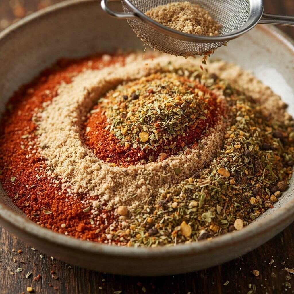 Une image macro captivante présentant un mélange vibrant d'assaisonnements savoureux pour collations, notamment des poudres séchées, des épices aromatiques, de l'extrait de levure et de la poudre de tomate brillante, savamment mélangées pour créer le profil de saveur parfait pour de délicieuses collations. Idéal pour les fabricants de produits alimentaires, les chefs et les passionnés de cuisine.